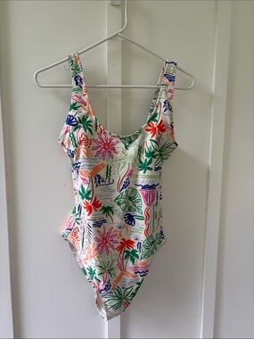 Old Navy White One-Piece Swimsuit with Multicolor Tropical Print